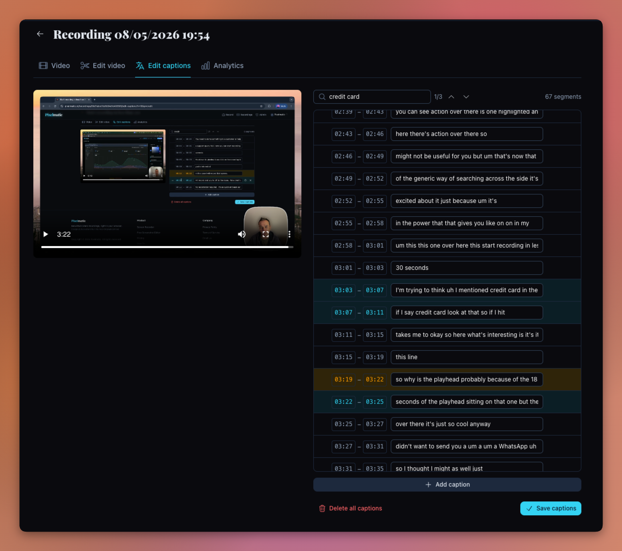 Clicking a result opens the captions view at the matched timestamp
