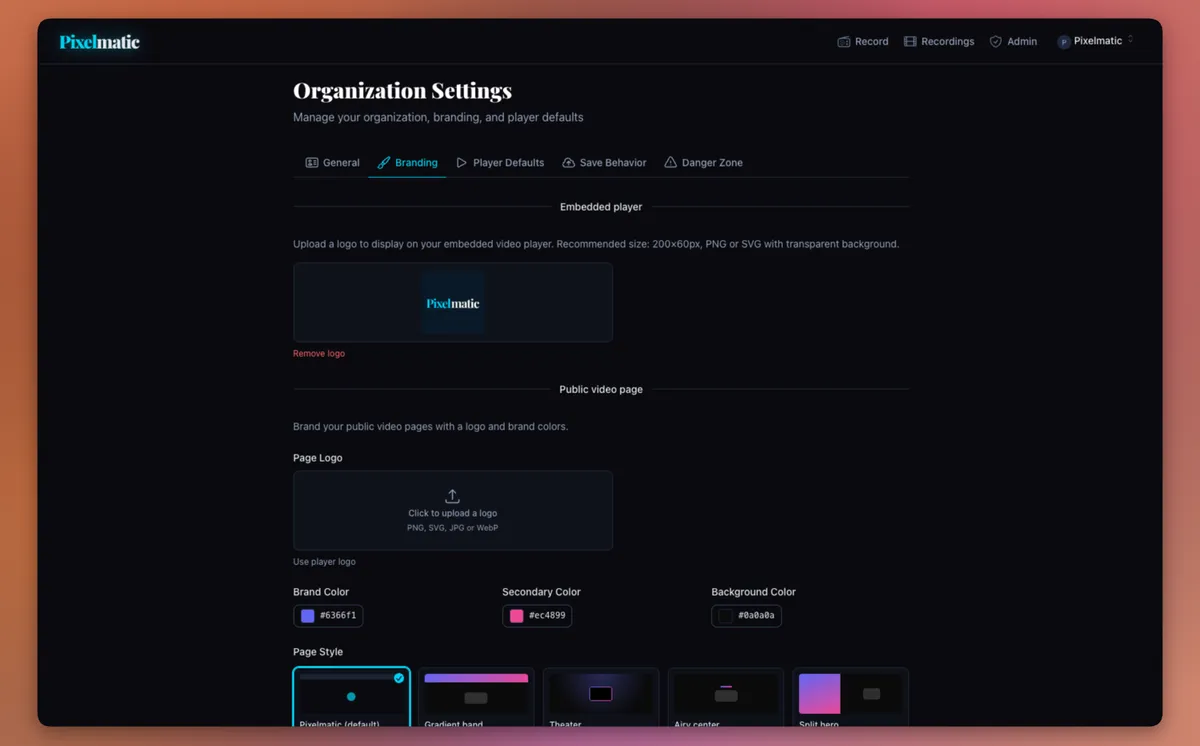 Branding settings for the embedded player and public video page.