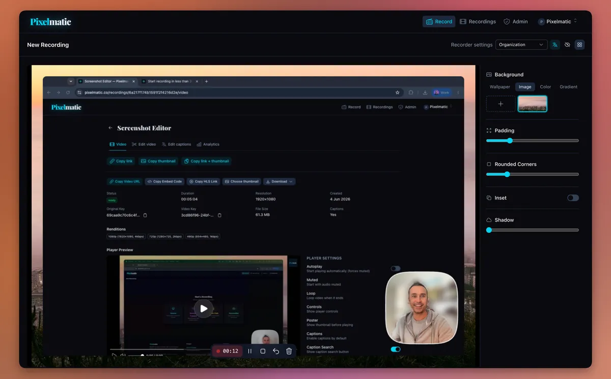 The searchferret recorder, capturing screen and camera in the browser.