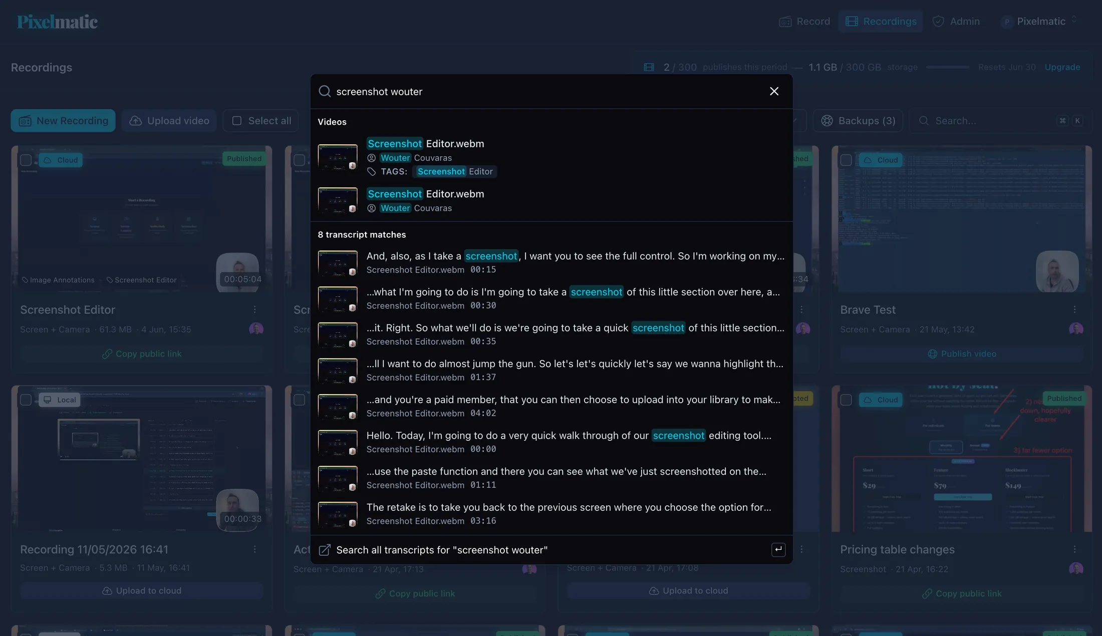 A team’s shared recording library in searchferret.