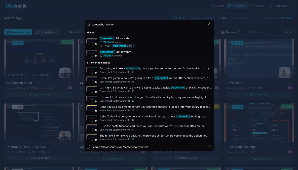 A whole team's shared recording library in searchferret, on one plan.