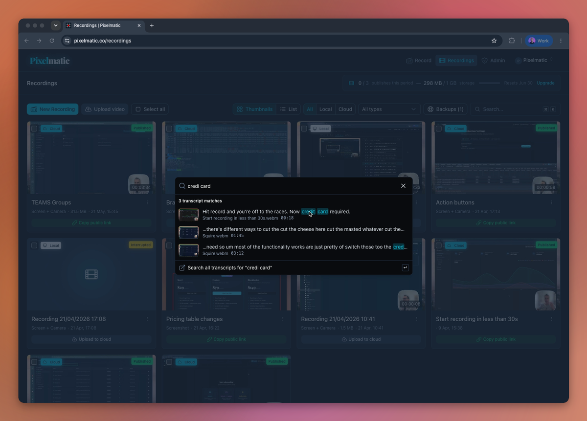 searchferret ⌘K search modal showing transcript matches with timestamps across multiple recordings.