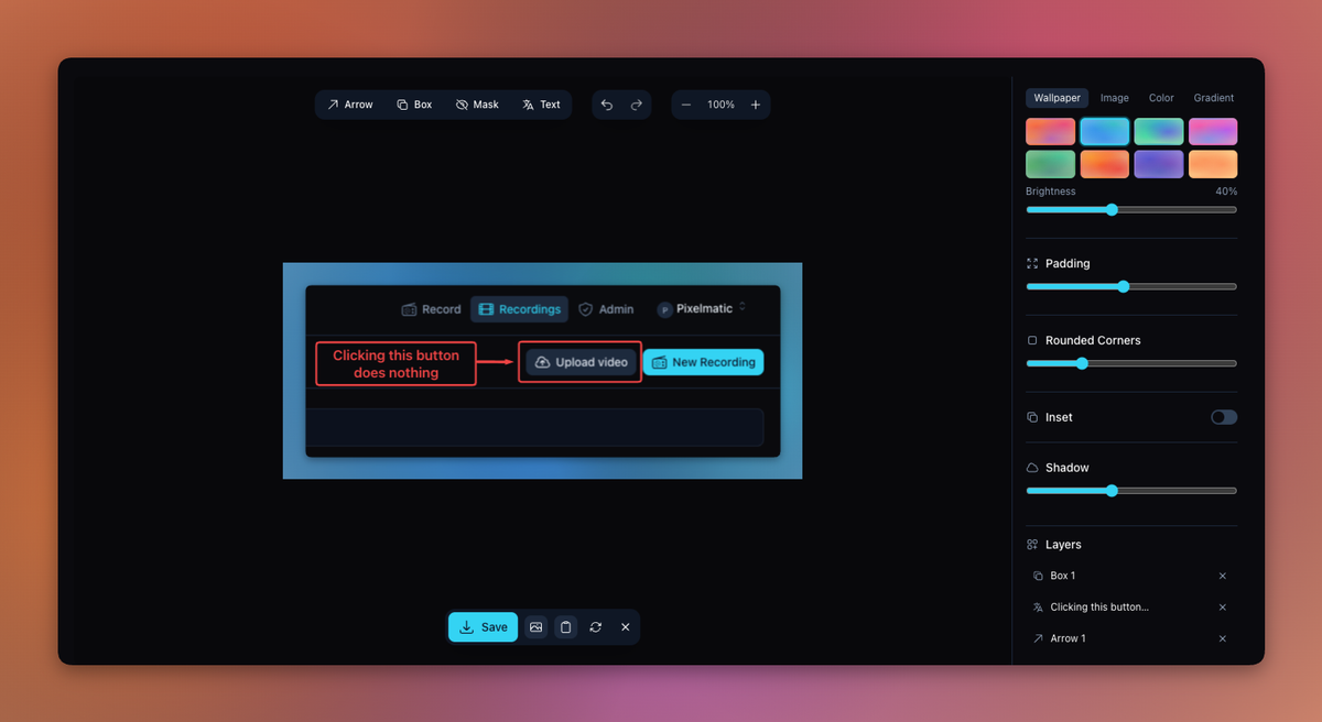 Annotation toolbar with arrow, box, blur mask, and text tools.