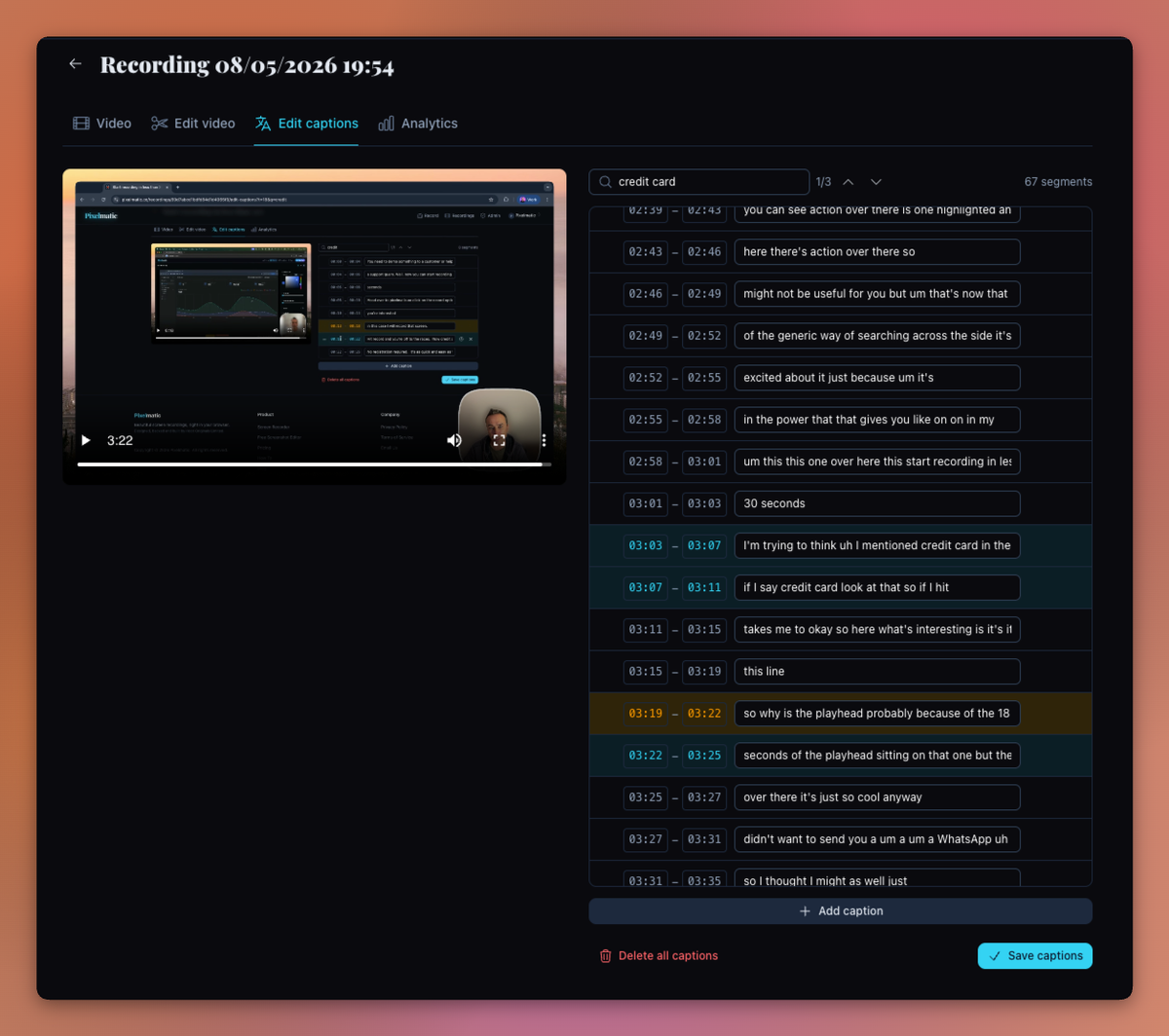 Search results grouped by recording, each with timestamped transcript matches.