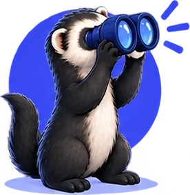 The searchferret mascot looking through binoculars