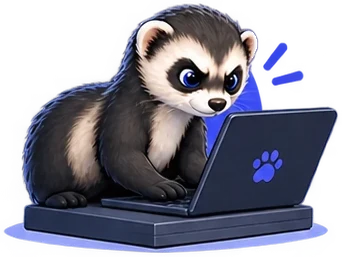 The searchferret mascot typing on a laptop