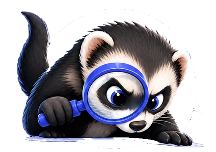 The searchferret mascot peering through a magnifying glass